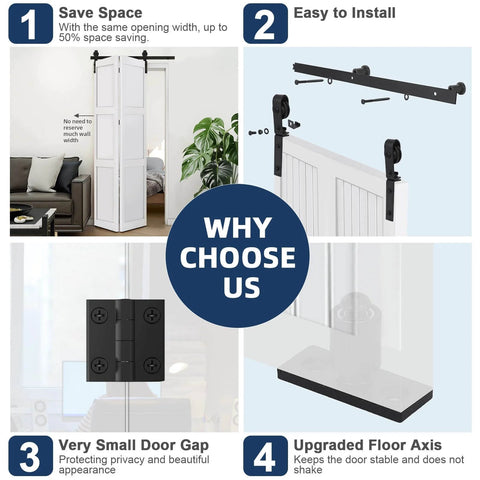 Heavy Duty Bi Fold Barn Door Hardware Kit For Double Doors 3 Foot Track System with steel components and space-saving design