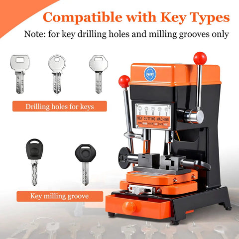 Badass Vertical Cutter And Duplicator Machine With Adjustable Speed Drill Bits For Precision Metal Grooving and No Sweat Door Car Duplication Runs On 110 Or 220 V Plug In Easy Setup in orange and black key cutting machine.