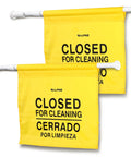 Built Different Two Pack Bilingual Restroom Closed Sign Heavy Duty Polyester Door Barricade Hanger English Spanish Warning Tag displayed with yellow flags.
