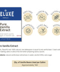 Label for Deluxe Pure Vanilla Extract with certifications like GMO free, Kosher, and allergen free icons, small batch aged in toasted oak.