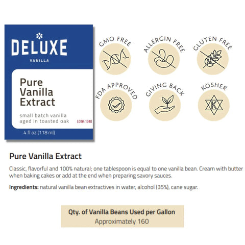 Label for Deluxe Pure Vanilla Extract with certifications like GMO free, Kosher, and allergen free icons, small batch aged in toasted oak.