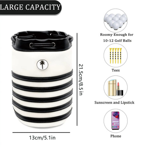 Premium Leather Golf Valuables Pouch With Drawstrings And Removable Marker, Large bucket style, black and white design