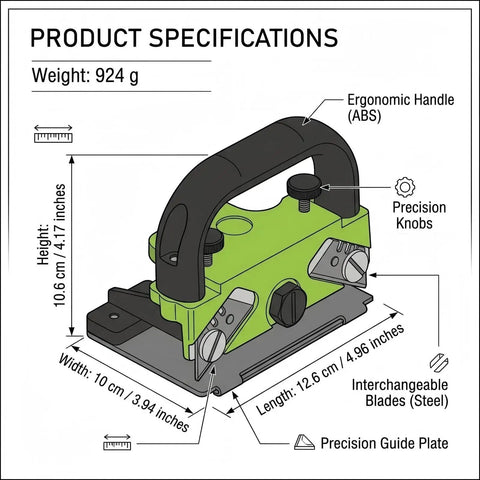 Heavy Duty Aluminum Alloy Floor Seaming And Skiving Tool with ABS handle and steel blades, dimensions labeled, ergonomic design.