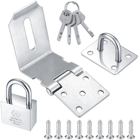Stainless Steel 90 Degree Hasp Lock with Padlock for Door Gate and Window with keys and screws.