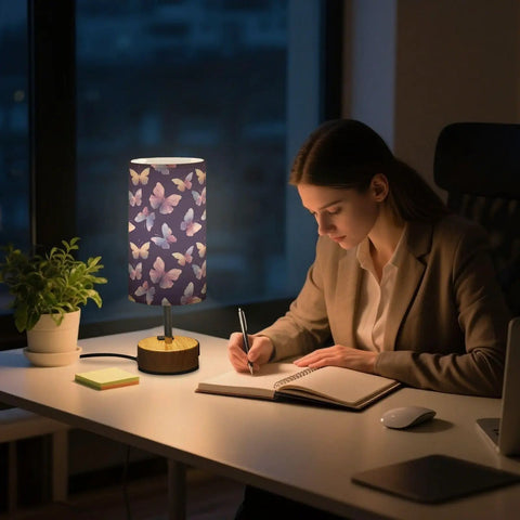 Watercolor Butterfly Decor Bedside Lamp With 3 Way Dimmer And Touch Control Charging Station on office desk at night