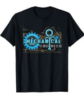 Gear Head Mechanical Engineer Tee With Gears And Wrench Design, blue gears and wrench graphic on black lightweight t-shirt
