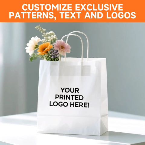 Custom Printed Kraft Paper Bags With Logo For Small Biz 5.8 By 3.2 By 8.25 Inch Brown White Tote Bags With Handles Personalize Gift Bags
