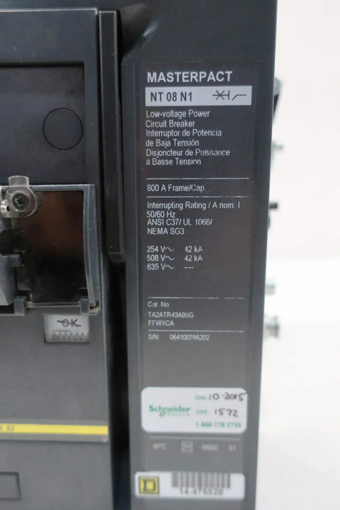 Masterpact Low Voltage Power Circuit Breaker 3 Pole 800 Amp 600 V AC Refurbished NT08N1 side view showing specifications.