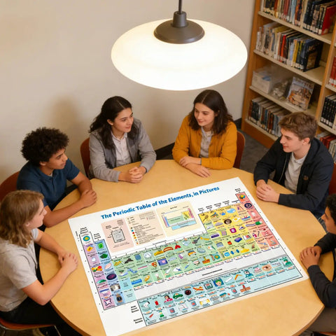 Colorful Periodic Table Poster With Real World Element Pics Must Have Educational Wall Chart For Home Or Classroom Chemistry Learning Canvas Print 24x16 Inches Unframed Decor For Living Room Bedroom Or Office shown on table in group study setting