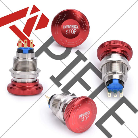 Set of three 22mm red metal emergency stop push button switches with blue actuators and threaded stainless steel bodies