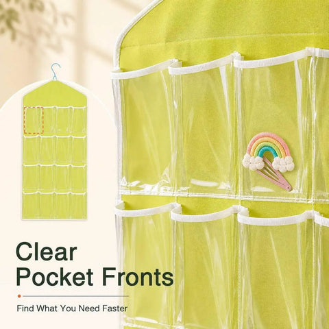 Smooth Over Door Shoe Hanging Storage Bag With Sixteen Clear Pockets For Fast Closet Setup And Hassle Free Dorm Room Essentials Total Game Changer Flex with transparent pockets displaying rainbow hair clips.