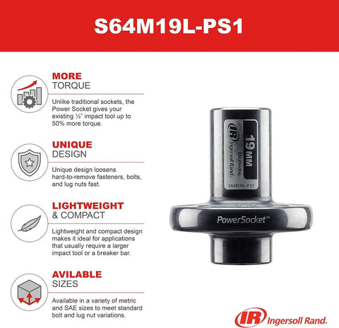 PowerSocket 19mm with patent pending power ring delivers 50 percent more torque on half inch impact tools, shown with features listed