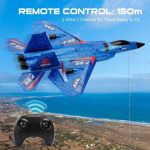 F22 Fighter RC Plane Ready To Fly with Gyro Stabilization flying above coast and remote control in view