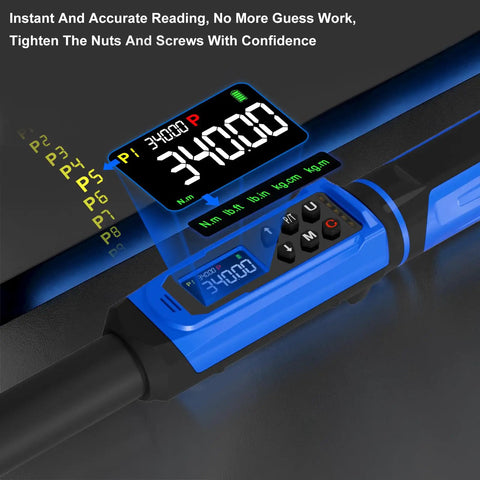Digital Torque Wrench Half Inch Drive 3.8 to 250.8 Ft-Lb 5 to 340 Nm Garage-Ready Electronic Torque Tool With LCD Display