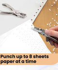 Hand using Seventeen Piece One Eighth Inch Circle Hole Punch Set for crafts on paper with punched confetti visible