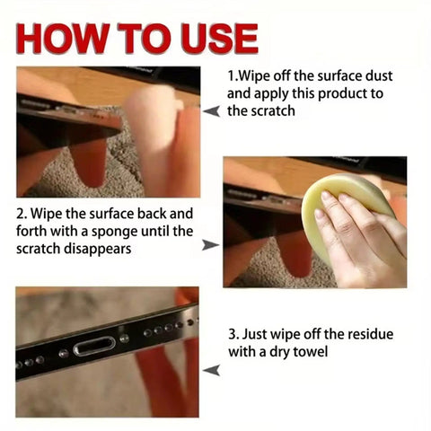 Instructions on using Screen Scratch Repair Cream Kit For Glasses, Mirrors, Watches, Laptops And Other Electronics with sponge