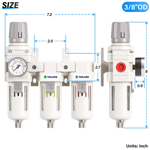 Three Stage Pneumatic Air Drying System with Three Eighths Inch NPT Port and One Eighth Inch Gauge Port, front view