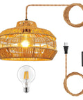 Hand Woven Rattan Pendant Light With Plug In Cord 15Ft Hemp Rope, On Off Switch, Vintage Paper Rope Lampshade, Bulb Included