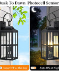 Bdrofn 2 Pack 19" Large Outside Modern Wall Sconce Light Fixture Dusk to Dawn in day and night view on a porch wall.