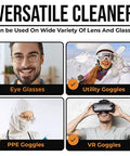 Care Touch anti-fog wipes for glasses collage featuring eye glasses, utility goggles, PPE goggles, and VR goggles.