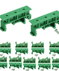 10 Pack DIN Rail Mount PCB Holder Clips for 35mm and 15mm C45, green PA66, compact 43x10x18mm with screws, front view