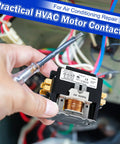Technician installing Heavy Duty 24V 25A 1 Pole HVAC Contactor Replacement Relay for air conditioners with wiring visible