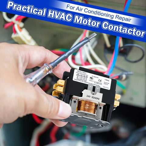 Technician installing Heavy Duty 24V 25A 1 Pole HVAC Contactor Replacement Relay for air conditioners with wiring visible