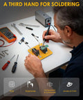 Person using Helping Hands Soldering Station With 2 Way Magnetic PCB Holder Clamps, One Push Spring Loaded Third Hand Tool.
