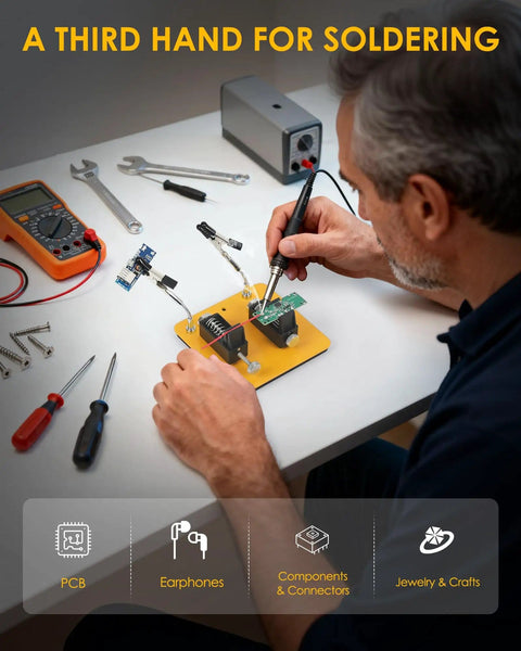 Person using Helping Hands Soldering Station With 2 Way Magnetic PCB Holder Clamps, One Push Spring Loaded Third Hand Tool.