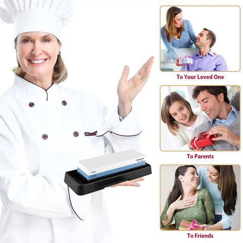 Chef holding Pro-Grade Knife Sharpening Stone Set with Dual Sided 1000/6000 Grit Waterstone, Angle Guide, Non-Slip Base Holder