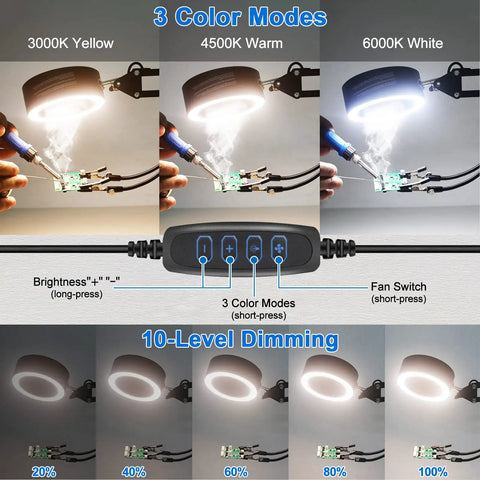 3 In 1 Solder Fume Extractor with 26 Inch Adjustable Arm showing 3 color modes and 10 brightness levels for PCB repair