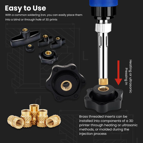 1/4-20 Heat Set Threaded Inserts for 3D Printing installation with soldering iron, brass knurled nuts, plastic parts.