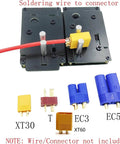 Gnarly Rc Connector Soldering Jig For Xt90 Xt60 Ec5 T Plug And Silicone Wires Smooth Wire Clamping Station For Lipo Battery Builds And Rc Rig Mods showing connectors and wire setup.
