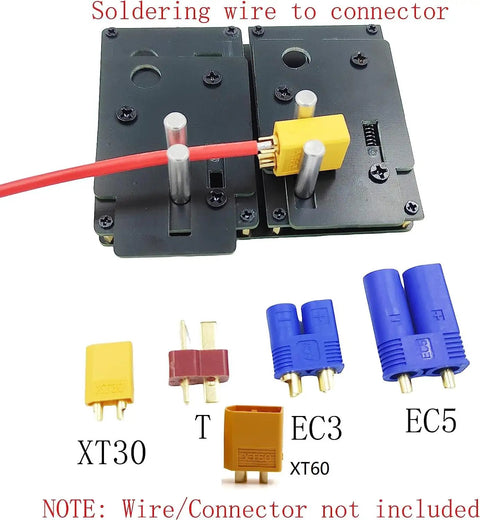 Gnarly Rc Connector Soldering Jig For Xt90 Xt60 Ec5 T Plug And Silicone Wires Smooth Wire Clamping Station For Lipo Battery Builds And Rc Rig Mods showing connectors and wire setup.