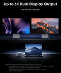 Laptop connected to dual 6K displays via a docking station, showcasing 14-In-1 Thunderbolt 5 Docking Station With 120Gbps Transfer.