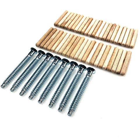 Heavy Duty Replacement Screws Hardware Kit For Kallax Two By Four Shelf Unit includes eight steel bolts and forty four wooden dowels.