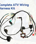 All In One ATV Wiring Harness Kit for 50cc to 125cc Chinese Quads with ignition coil, stator, and CDI box, shown laid out.