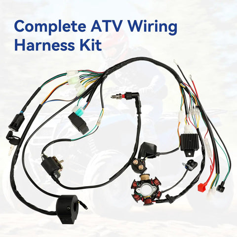 All In One ATV Wiring Harness Kit for 50cc to 125cc Chinese Quads with ignition coil, stator, and CDI box, shown laid out.