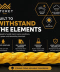 Yellow One Quarter Inch By 600 Feet Twisted Polypropylene Rope 3 Strand Pro Grade Heavy Duty Yet Lightweight 1125 Lbs Tensile Strength Ideal For DIY Projects Marine Use Camping Towing And General Commercial Applications displayed with durability features
