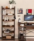 Five Tier Industrial Bookshelf With Four Hooks Built Tough Anti Tip Raised Edge Open Storage For Books Plants Decor in room