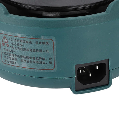 Close-up of back view with power input of Electric Countertop Single Burner Hot Plate No Fuss Easy Setup For Home Use With 360 Degree Full Plate Heating Auto Shutoff Easy Temperature Control Stainless Steel Turkish Coffee Pot Compatible Dark Green Ceramic Finish.