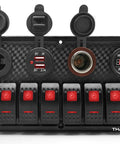 Red 8 Gang Rocker Switch Panel With LED Illumination Waterproof Digital Voltage Display Dual USB Ports 12V DC Power Socket Cigarette Lighter Plug Fuse For Marine Car Truck Boat Yacht