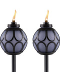 Two Pack Metal And Glass Globe Outdoor Torch Set For Patio And Yard Easy Install 64 Inch Tall Blue And Black With Wick