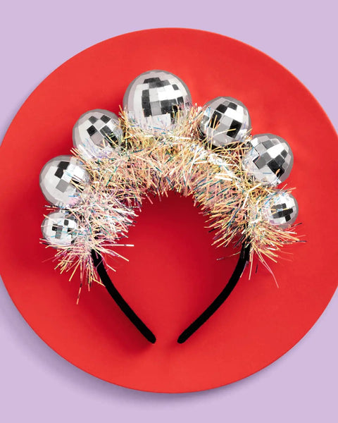 Disco Ball Headband For Parties And NYE Fits Adult And Kid Shiny Foil Crown with 5 disco balls on red background