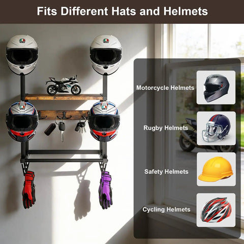 Hella Sturdy Wooden Wall Mount Helmet Rack Featuring Four Deep Cradles For Motorcycles Dirt Bikes Ski Gear And Bucket Hats with gloves.