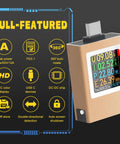 Power Meter For USB C With Color IPS Screen And Digital Multimeter displaying voltage, current, power, resistance, temp, and fast PD charging.