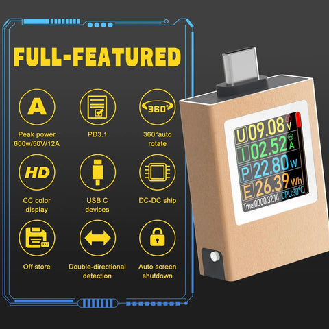 Power Meter For USB C With Color IPS Screen And Digital Multimeter displaying voltage, current, power, resistance, temp, and fast PD charging.