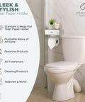 Toilet Paper Holder With Built In Shelf And Wipes Dispenser Must Have Hidden Wet Wipе Storage Stainless Steel Wall Mount Bathroom Organizer White And Silver Finish installed in bathroom next to toilet.