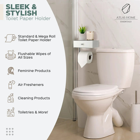 Toilet Paper Holder With Built In Shelf And Wipes Dispenser Must Have Hidden Wet Wipе Storage Stainless Steel Wall Mount Bathroom Organizer White And Silver Finish installed in bathroom next to toilet.