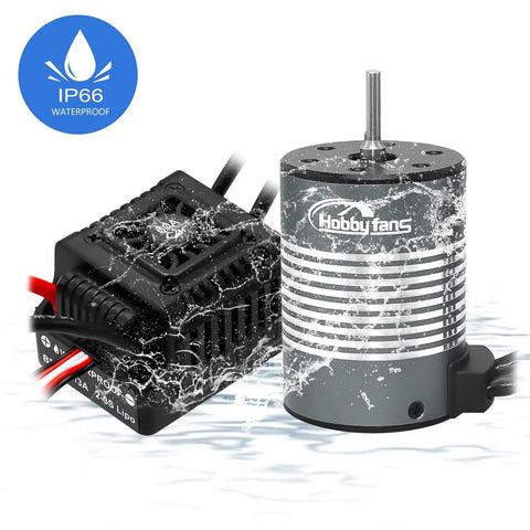 Waterproof S3650 4300KV Brushless Motor With 3.175mm Shaft 60A ESC Heatsink in water display, IP66 rating shown